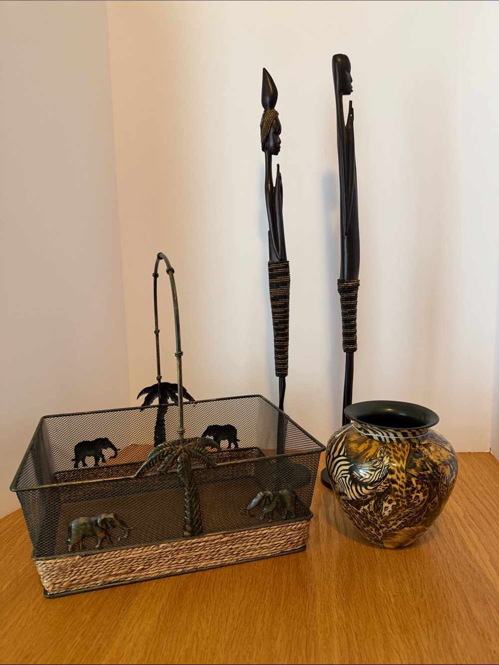 Safari decor- 4 pieces- LaVie vase, Tanzanian Figurines & Elephant Themed Basket